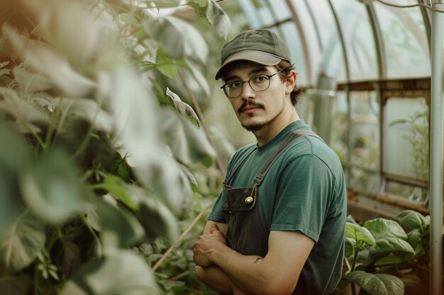 Photo smiling young male gardener in greenhouse with ai generated