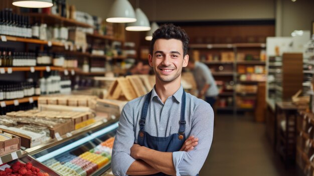 A smiling young male stood in front of the counter with her arms crossed a supermarket worker looking at the camera