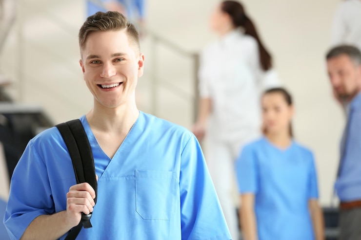 Photo smiling young male student with backpack indoors