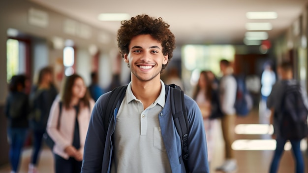 学校の廊下に立っている巻き毛の笑顔の若い男子生徒