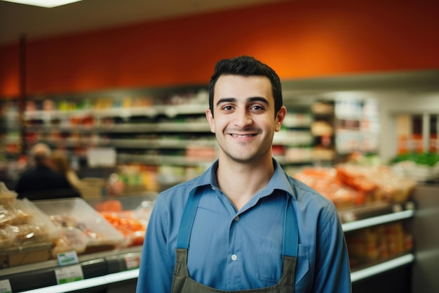 カメラを見ている笑顔の若い男性スーパーマーケット労働者