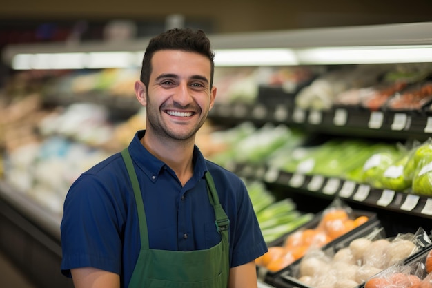 Smiling young male supermarket worker looking at the camera