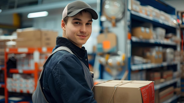 Smiling young male warehouse employee carrying box casual work environment everyday lifestyle scene AI