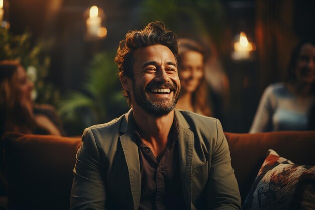 smiling young man in a dark room