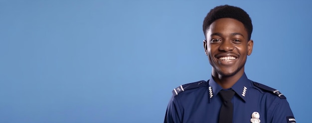 a smiling young man dressed as a police in front of blue background