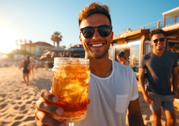 Foto giovane sorridente che beve un cocktail sulla spiaggia in estate