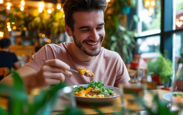 A smiling young man enjoys a meal at the table