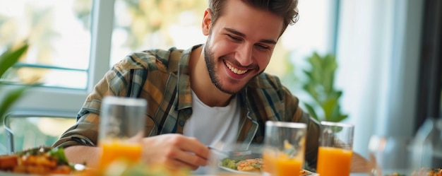 笑顔の若い男がテーブルで食事を楽しんでいます