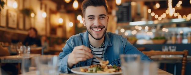 Foto un giovane sorridente si diverte a mangiare al tavolo