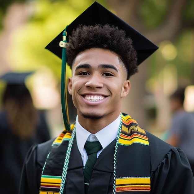 smiling young man in graduation gown and cap with green tie generative ai