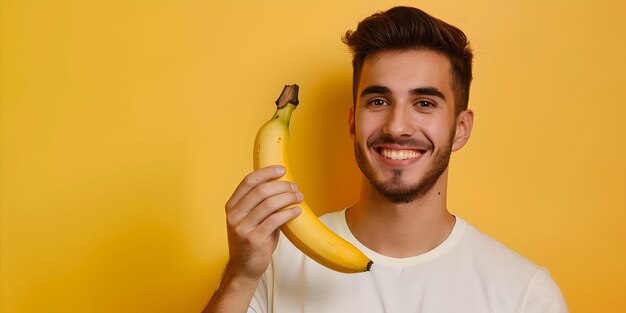 Фото Улыбающийся молодой человек с бананом на желтом фоне свежие продукты и здоровый образ жизни концепция фото случайный стиль и яркие цвета ии