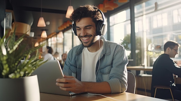 Smiling young man listening to music through wireless headphones and playing on a tablet sitting in a coffee shop