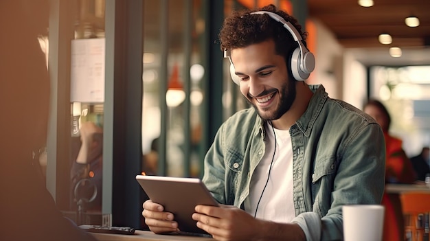 Smiling young man listening to music through wireless headphones and playing on a tablet sitting in a coffee shop