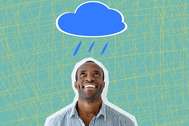 Smiling young man looking up at the rainy cloud over his head Copy space Strategy business brainstorming inspiration concept Art collage