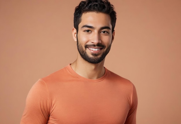 オレンジ色のスポーツウェアのTシャツを着た笑顔の若い男性は健康とフィットネスを発揮しています