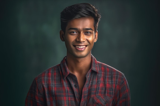 A Smiling young man in a red and black shirt