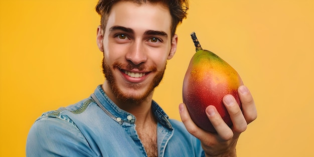 Smiling young man showcasing a ripe mango casual style healthy food concept vibrant color portrait orientation AI