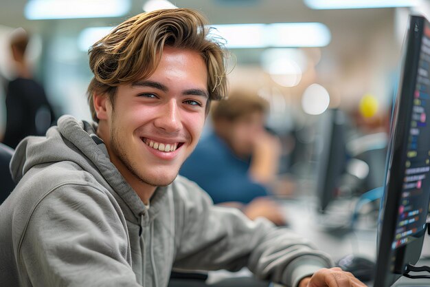 Photo a smiling young man sitting in front of a computer