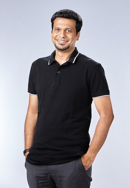 Smiling young man wearing black t shirt