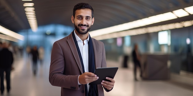 Smiling young man with a digital tablet in his hands posing in the airport terminal