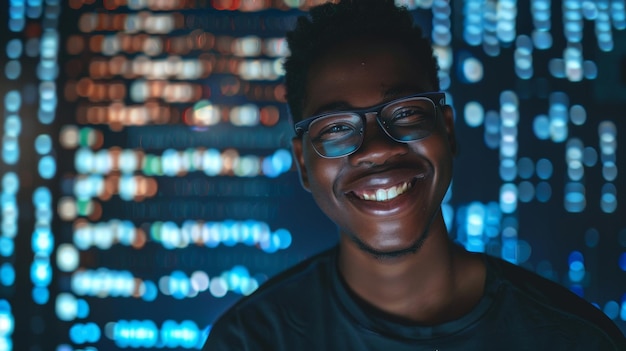 Smiling young man with glasses illuminated by captivating digital data