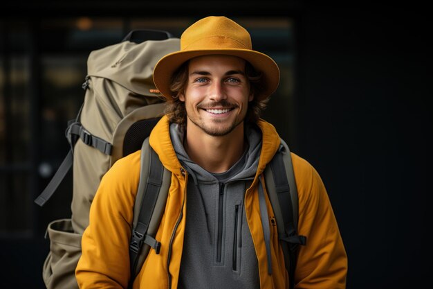 写真 帽子とバックパックをかぶった笑顔の若い男が夏の季節の自然のイメージを指し示しています