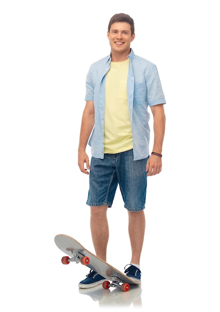 Photo smiling young man with skateboard over white