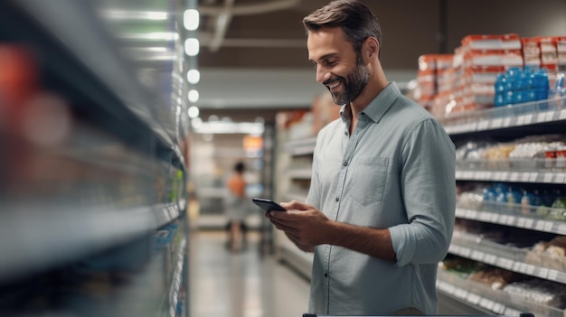 Smiling young man with smart phone grocery shopping in supermarket