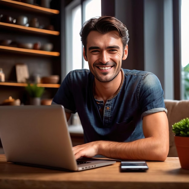 Smiling young man working on computer notebook laptop