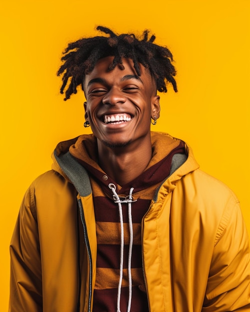 Smiling young man in yellow jacket and brown hoodie generative ai