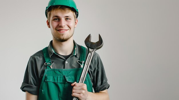 Smiling young mechanic with wrench ready for work professional uniform manual labor concept simple clean background AI