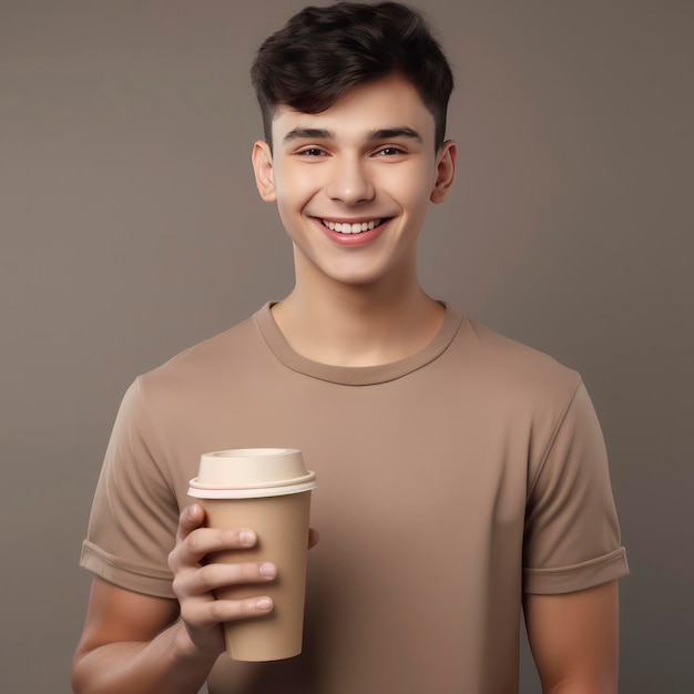 a smiling young men holding a plain paper coffee cup mock up in solid soft brown background