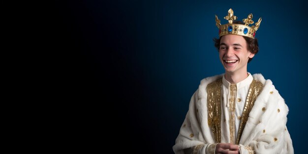 a smiling young men wearing king clothes in front of dark blue background