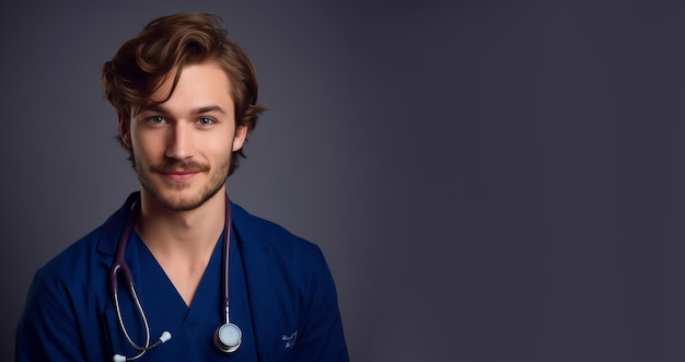 a smiling young men wearing nurse clothes in front of black background