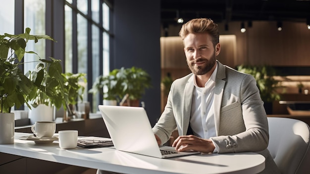 Smiling young middle eastern businessman sitting at worktable at modern office typing on computer k