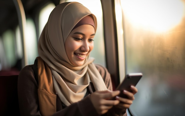 Улыбающаяся молодая мусульманка использует смартфон в автобусе