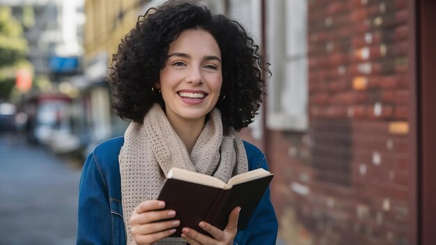 Smiling young pretty woman wearing scarf reading book