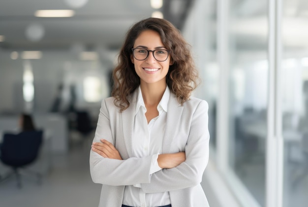 Smiling young professional woman with glasses in a modern office arms crossed confidently