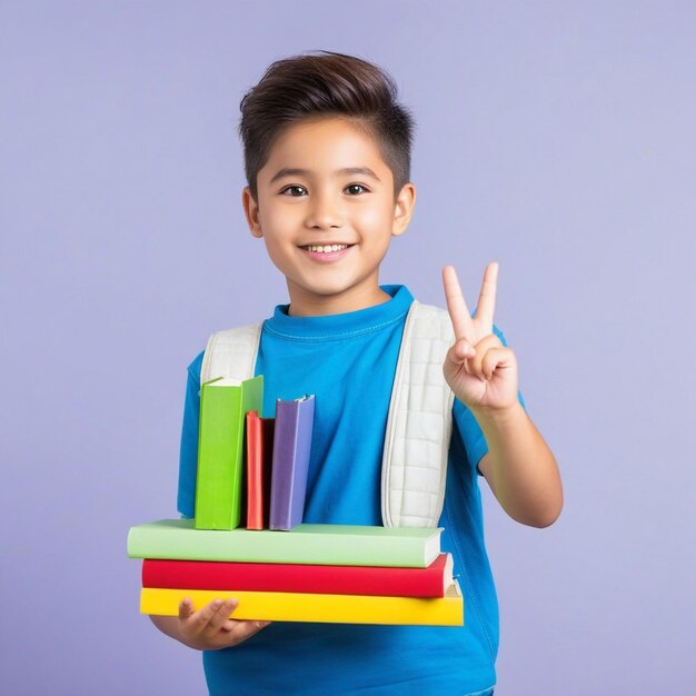 Smiling young school boy wearing backpack holding book showing okay