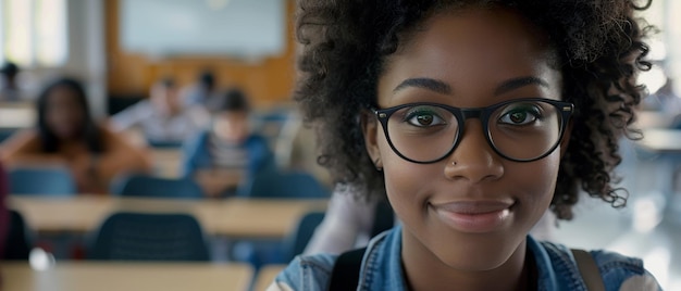 안경을 쓴 미소 짓는 젊은 학생이 교실 환경에 초점을 맞추고 있습니다.