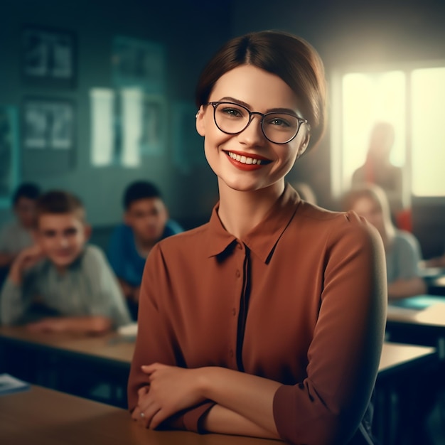 Smiling young teacher in glasses over the classroom background