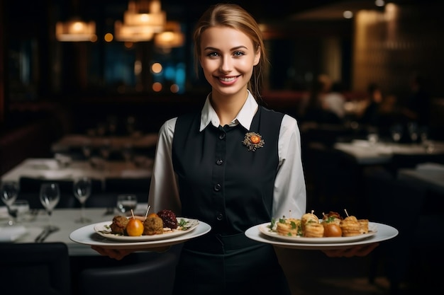 Улыбающаяся молодая официантка в ресторане с генеративным искусственным интеллектом