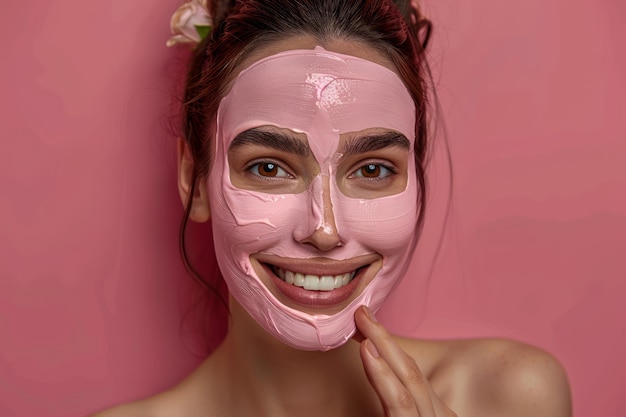 Foto giovane donna sorridente che applica una maschera facciale rosa per la routine di cura della pelle su uno sfondo vibrante