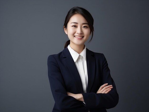 Smiling young woman of asian descent dressed in elegant dress