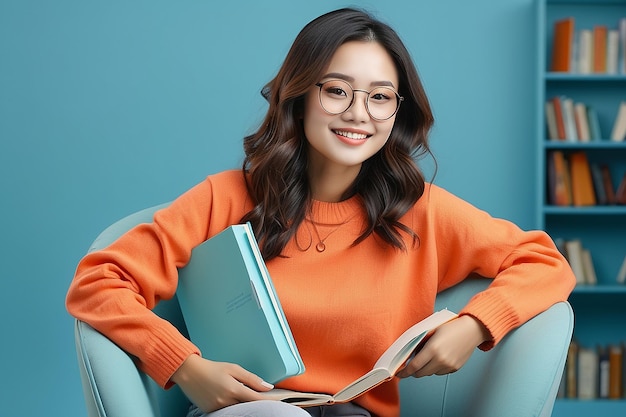アジア系の笑顔の若い女性がオレンジ色のセーターのメガネをかぶって図書館で袋の椅子に座って本を読んでいます