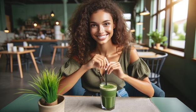 Smiling young woman drinking a healthy green smoothie in a modern cafe setting