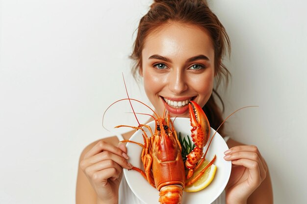 Foto giovane donna sorridente che mangia frutti di mare su uno sfondo bianco