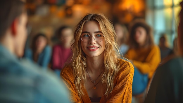 Smiling young woman engaging in conversation in a cozy cafe setting candid moment captured warm ambiance AI