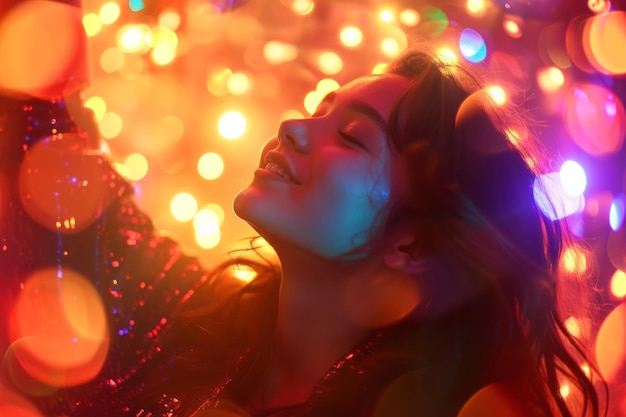 Smiling young woman enjoying a party with colorful lights and bokeh background