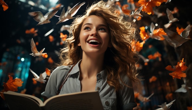 Фото Улыбающаяся молодая женщина наслаждается осенним чтением книги в помещении с расслаблением, созданным искусственным интеллектом